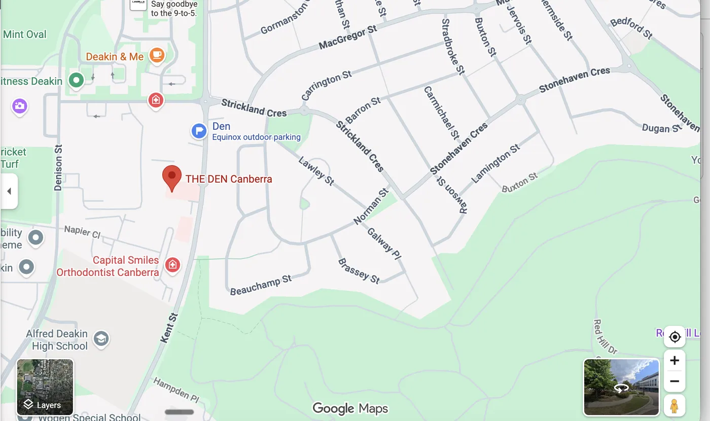 Map showing The Den Canberra at 70 Kent Street Deakin, with Equinox outdoor parking marked just north of the entrance